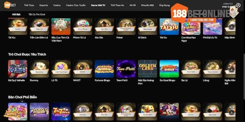 Danh sách các trò chơi giải trí tại 188BET
