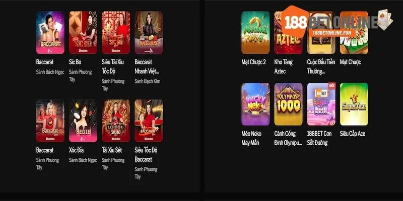 Điểm danh các hạng mục thú vị tại 188BET